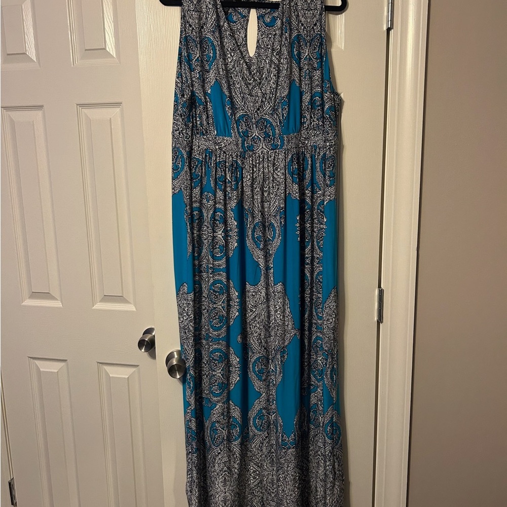 INC International Concepts Blue and Gray Sleeveless Halter Maxi Sundress